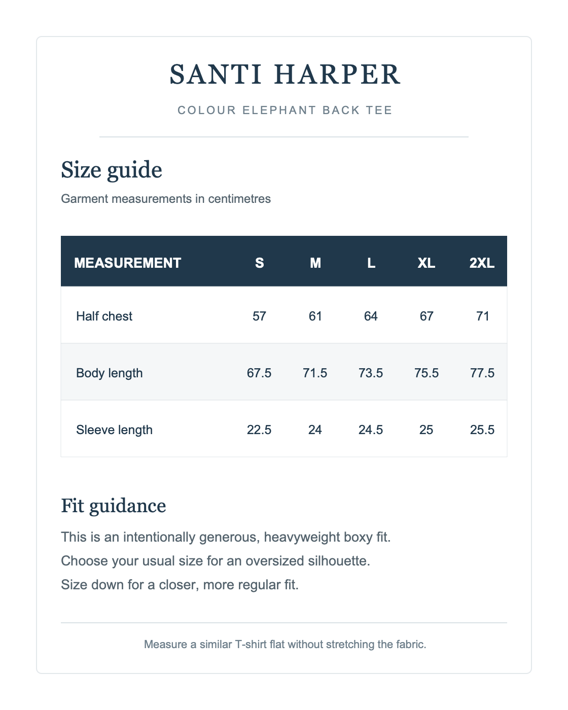 Clean white Santi Harper size guide for the Colour Elephant Back Tee, showing garment measurements from S to 2XL.