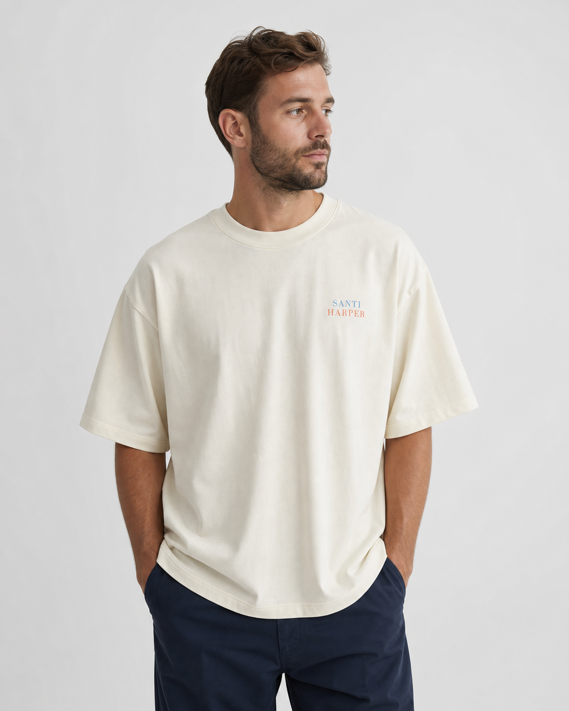 Model wearing the cream Santi Harper Colour Elephant Back Tee, front view