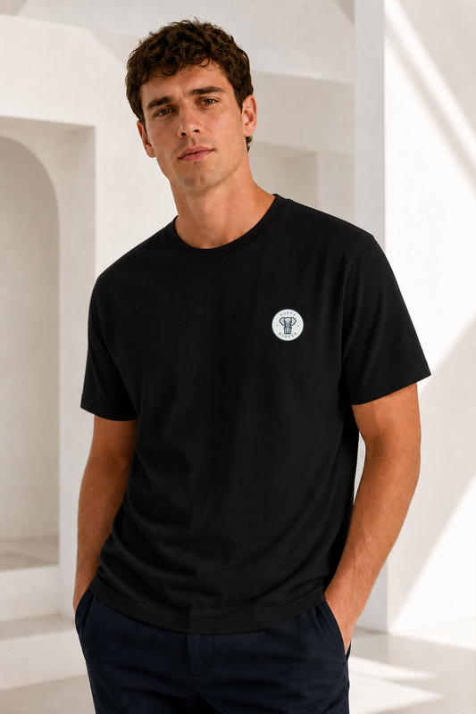 Male model wearing the Santi Harper Tonal Compact Badge T-shirt in Black