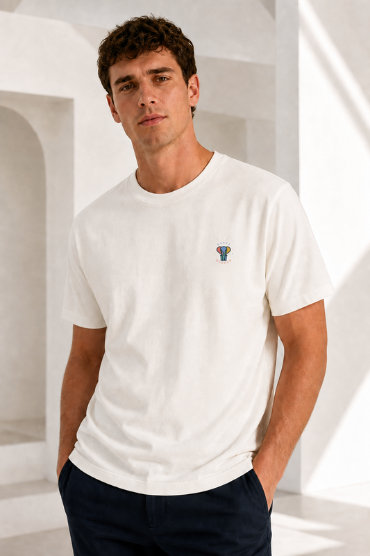 Male model wearing the Santi Harper Full Colour Elephant Emblem T-shirt in Off White