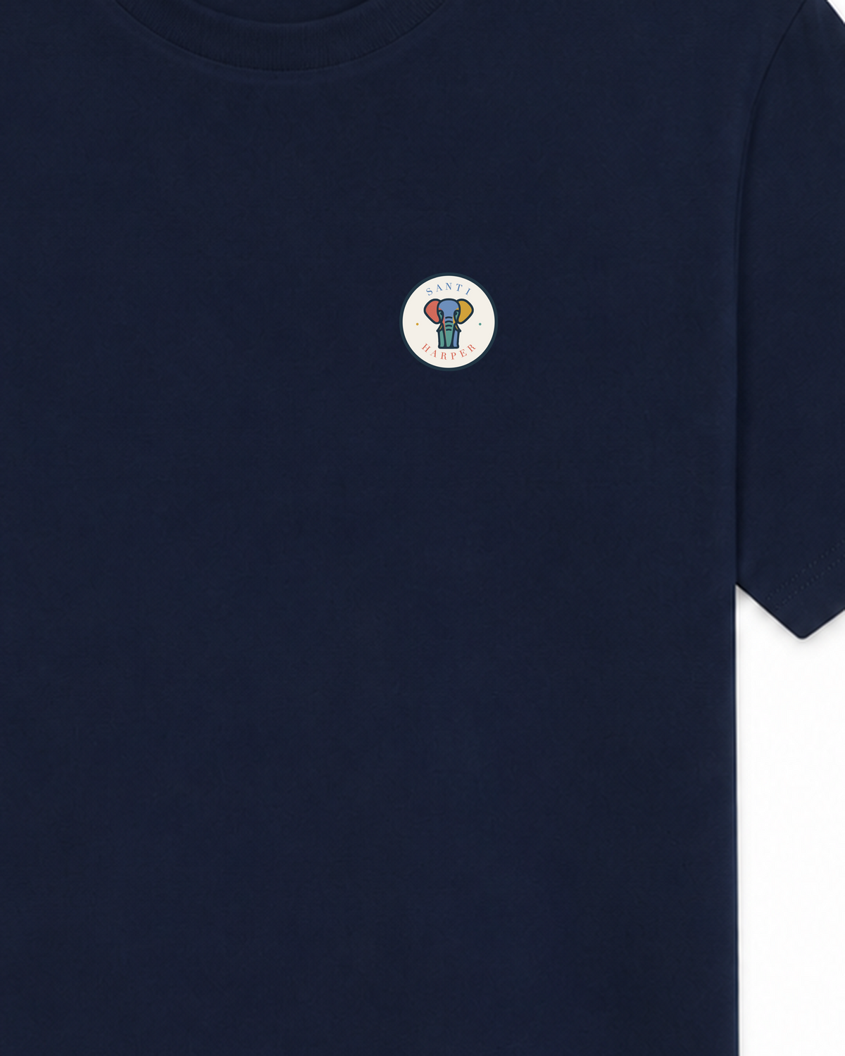Close-up of the full-colour Santi Harper compact elephant badge printed at the left chest