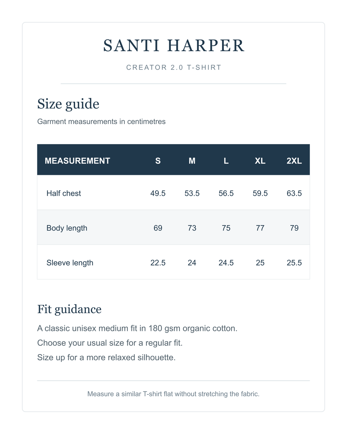 Stanley/Stella Creator 2.0 T-shirt size guide for sizes S to 2XL