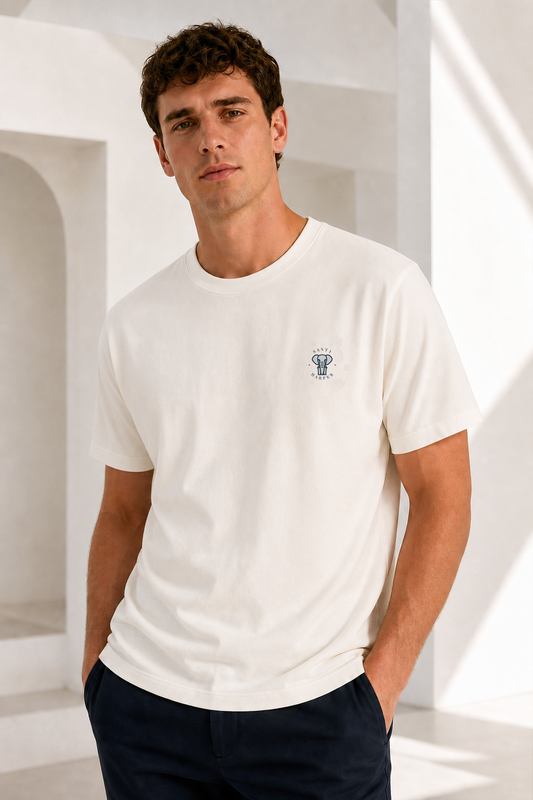 Male model wearing the Santi Harper Tonal Elephant Emblem T-shirt in Off White